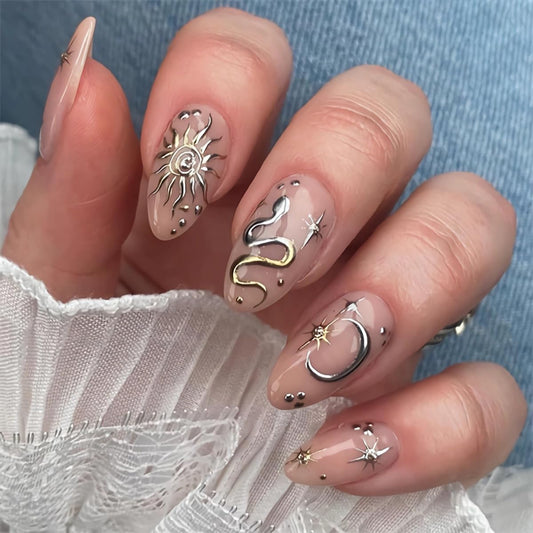 MERVF Almond Press on Nails Medium Fake Nails Nude Glue ons Star Sun Moon Snake Print Acrylic Stiletto False Nail Bohemian Design for Women Glossy 24pcs