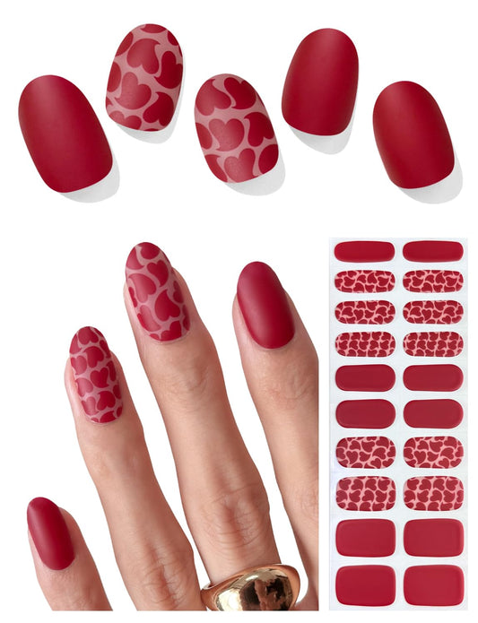 AutyaMee Semi Cured Gel Nail Strips (Matte Red Heart), Valentine's Day, 20 Pcs Gel Nail Wraps, Stickers, Salon Quality, Works with Any UV Lamps