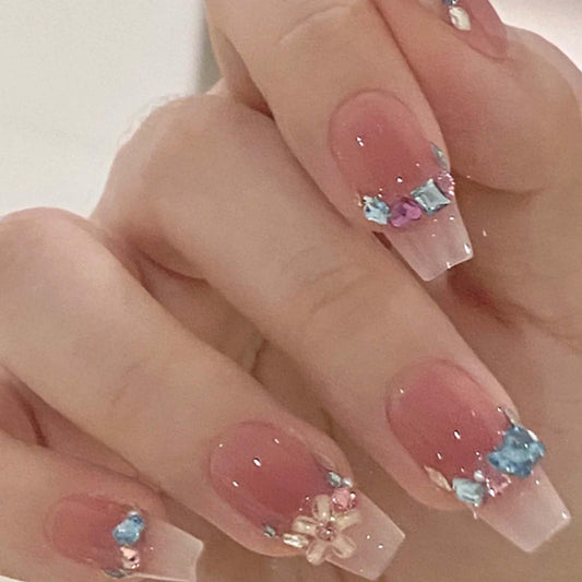 Kamize Coffin Fake Nails Pink Press on Nails Full Cover Acrylic Medium Rhienstones Fake Nails for Women and Girls 24PCS