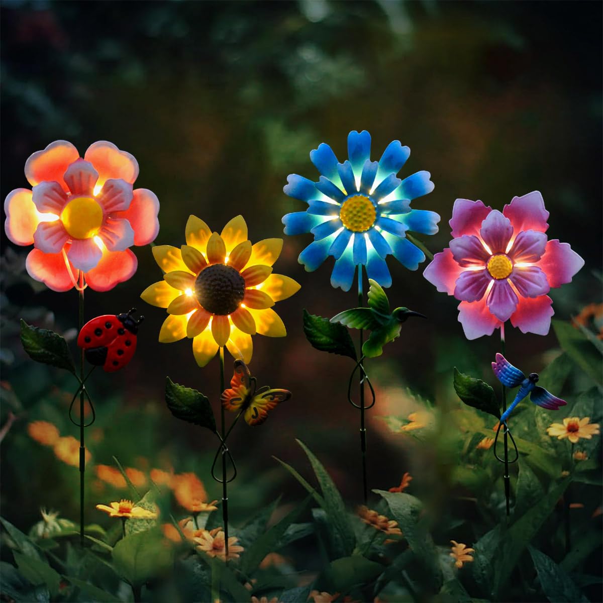 4 Pack Outdoor Solar Lights,Outdoor Waterproof Metal Art Stick Flowers,Garden Decor for Women Mom Grandma Halloween Hanging Metal Stakes Lights for Garden,Lawn,Patio