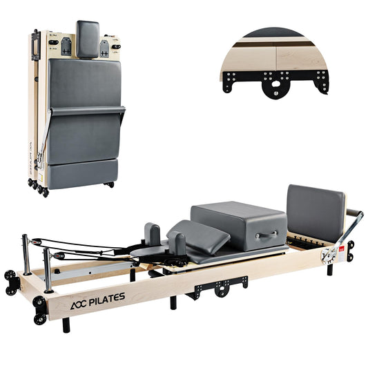 AOC PILATES Pilates Reformer, Wooden Foldable Pilates Reformer Machine with 6 Springs, Box, Padded Jump Board, 660lbs Capacity for Home Workouts Studio Gray