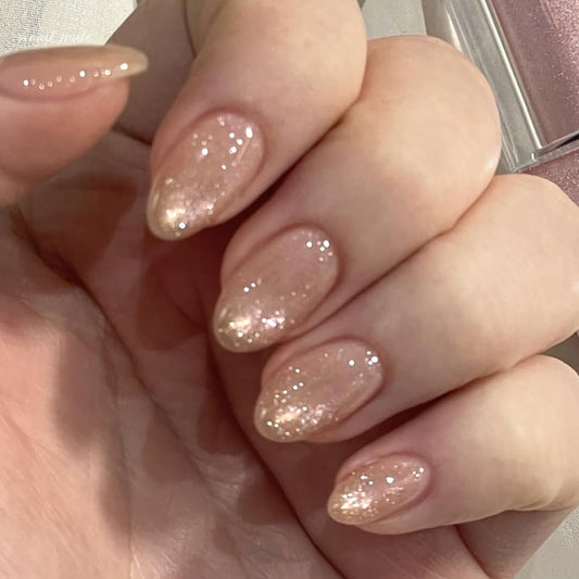 HOSAILY Short Almond Press on Nails, Nude Pink Cat Eye Glitter Sparkle, Daily Elegant Cute Versatile Fake Nails for Women, 24pcs Glossy Shimmer Shiny Artificial False Nail Press Ons with Bling Design
