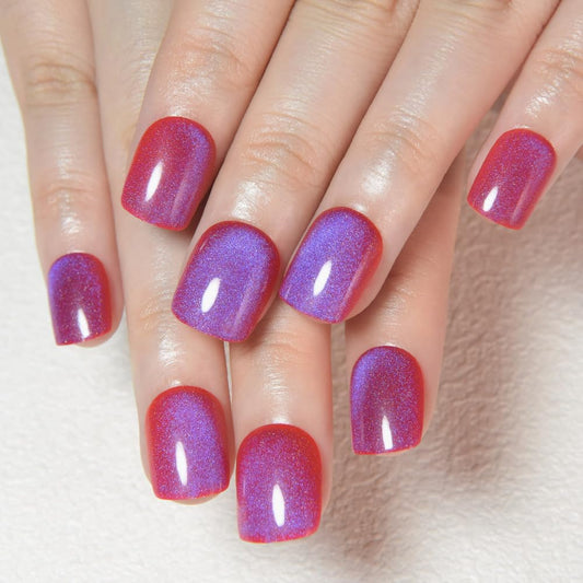 Blue Red Cat Eye Extra Short Press on Nails Square, Petite Short Square Stick on Nails for Women Gift, Purple Red Metallic Glitter Glossy Reusable Soft Gel Press on Acrylic Fake Nail with Designs