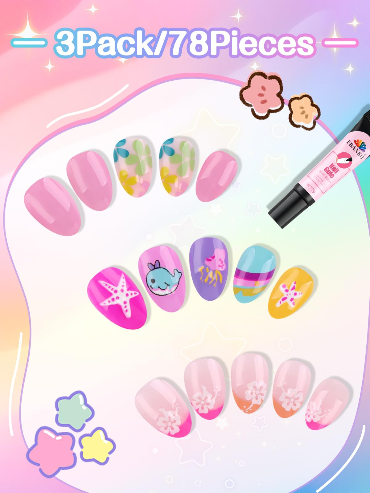 78PCS Kid Press on Nails, EBANKU 3 Pack Children Fake Nail Kit Full Cover Short False Fingernails with Nail Glue for Girl Nail Decoration（Pink Flower）