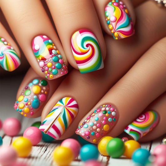 Colorful Press on Nails for Women 24Pcs Short Fake Nails Cute Fingertip Manicure with Rainbow Jelly Beans Designs Glue on Nail Spring Summer Square Nails Press ons Artificial Short Stick on Nails