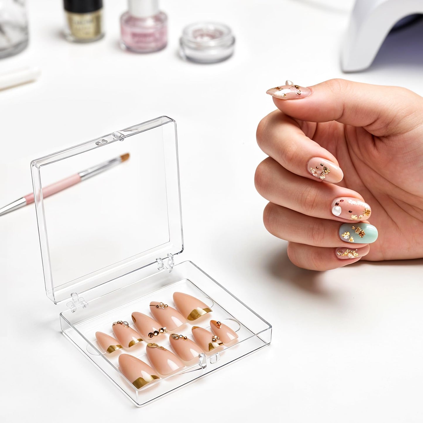 SHENLIU 50 Pack Press on Nails Packaging Box, Clear Acrylic Press on Nail Storage Box with 120 Adhesive Double Sided Tape, Fake Nails Storage Case Nail Display for NailArt Salon Business Supplies