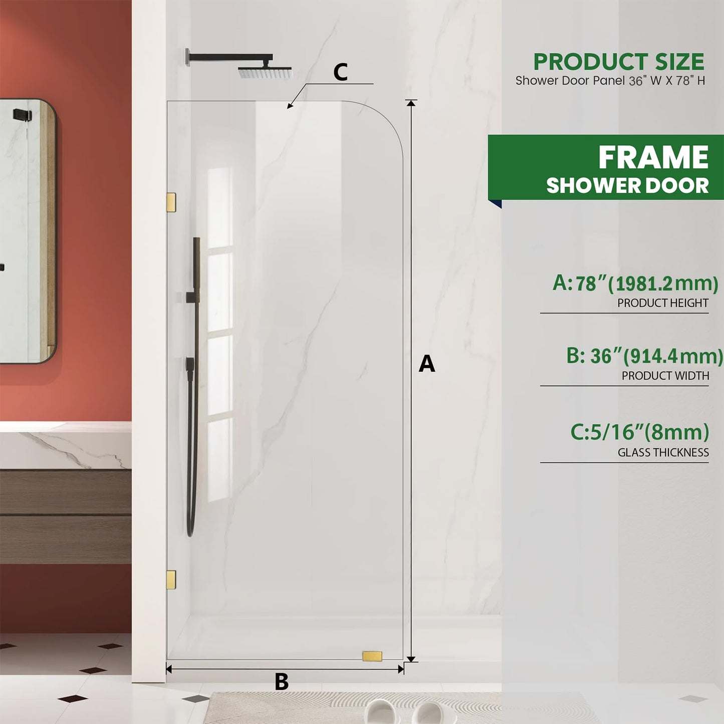 Shower Glass Panel 36" W ×78" H Fixed Frameless Shower Door in Brushed Gold 5/16"(8mm) Thick Clear Tempered Glass Panel with Clamps Bathroom Screen for Walk in Shower
