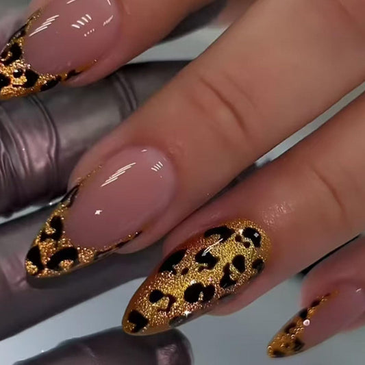 Hkanlre Medium Press on Nails Flower Fake French Nails Tips Full Cover Almond Leopard Print False Nails for Women 24PCS