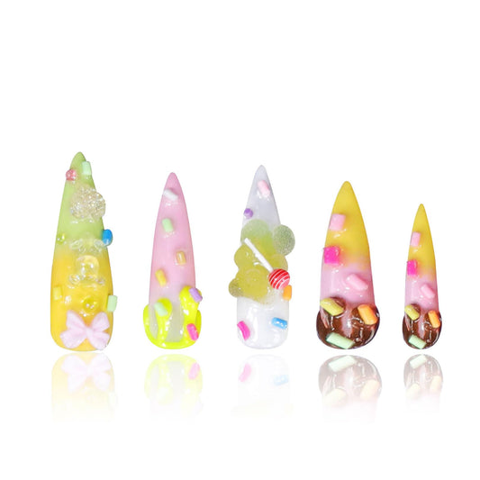 LOVFUL Press on Nails Ice Queam | Handmade with Full Covered Crystals | Reusable Fake Nails | Stiletto Mid Length 1.7 in | H110-M