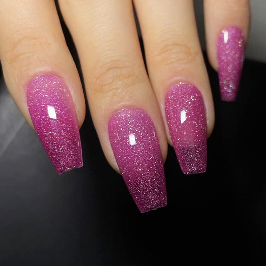 Redykat Handmade 24PCS Color Changing Glossy Coffin Press On Nails, Salon Quality Nail art, Extra Long Acrylic Fake Nails, False Nails, Home Quick Manicure……… (thermochromic magenta)