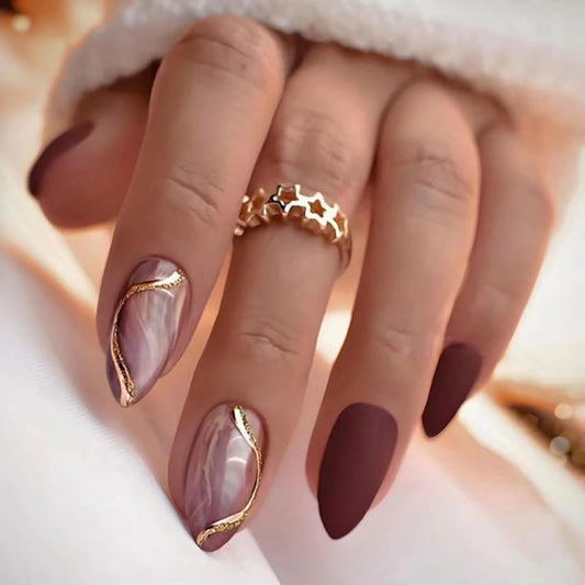 Press On Nails Medium Almond Artificial Acrylic Wine Red French Tip Gold Stripe Design Fall Winter Fake Nails Full Cover Glossy Reusable Coffin Nails Glue on Nails for Women 24Pcs