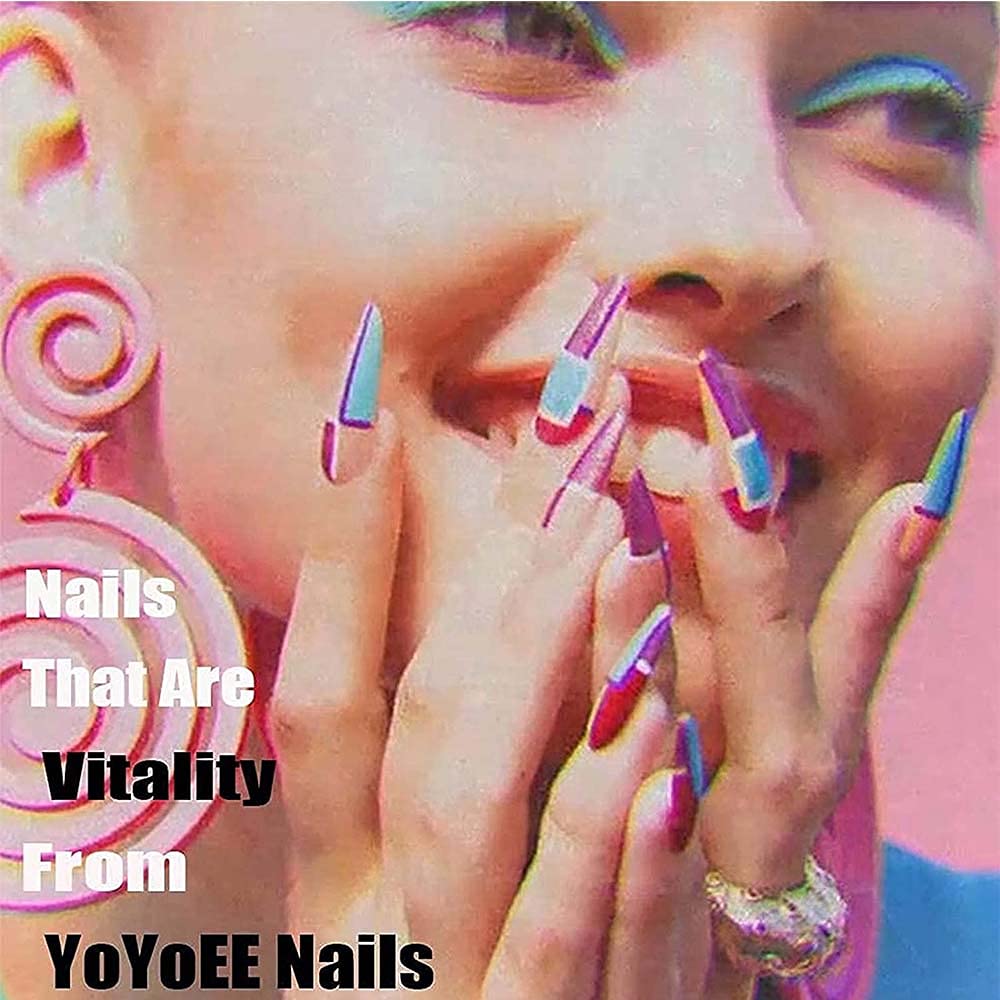 YoYoee Diamond Inlaid Manicure French Press on Nails Gradient Fake Nails Long Coffin False Nails Acrylics Full Cover Tips for Women and Girls 24PCS