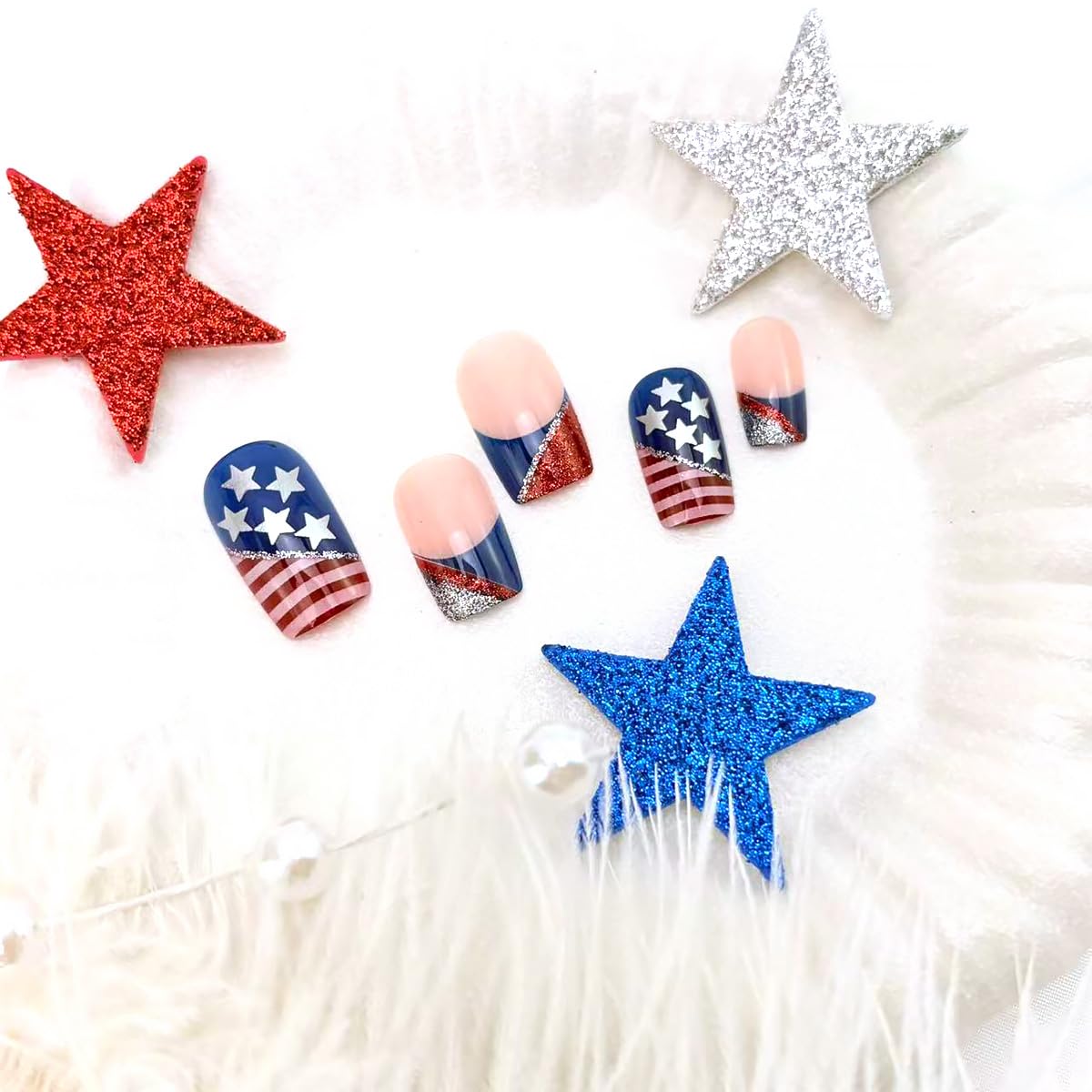24Pcs 4th of July Press on Nails Short Square French Tip Fake Nails with Red Silver Glitter Design American Flag Star False Nails Independence Day Glue on Nail Full Cover Stick on Nail for Women DIY