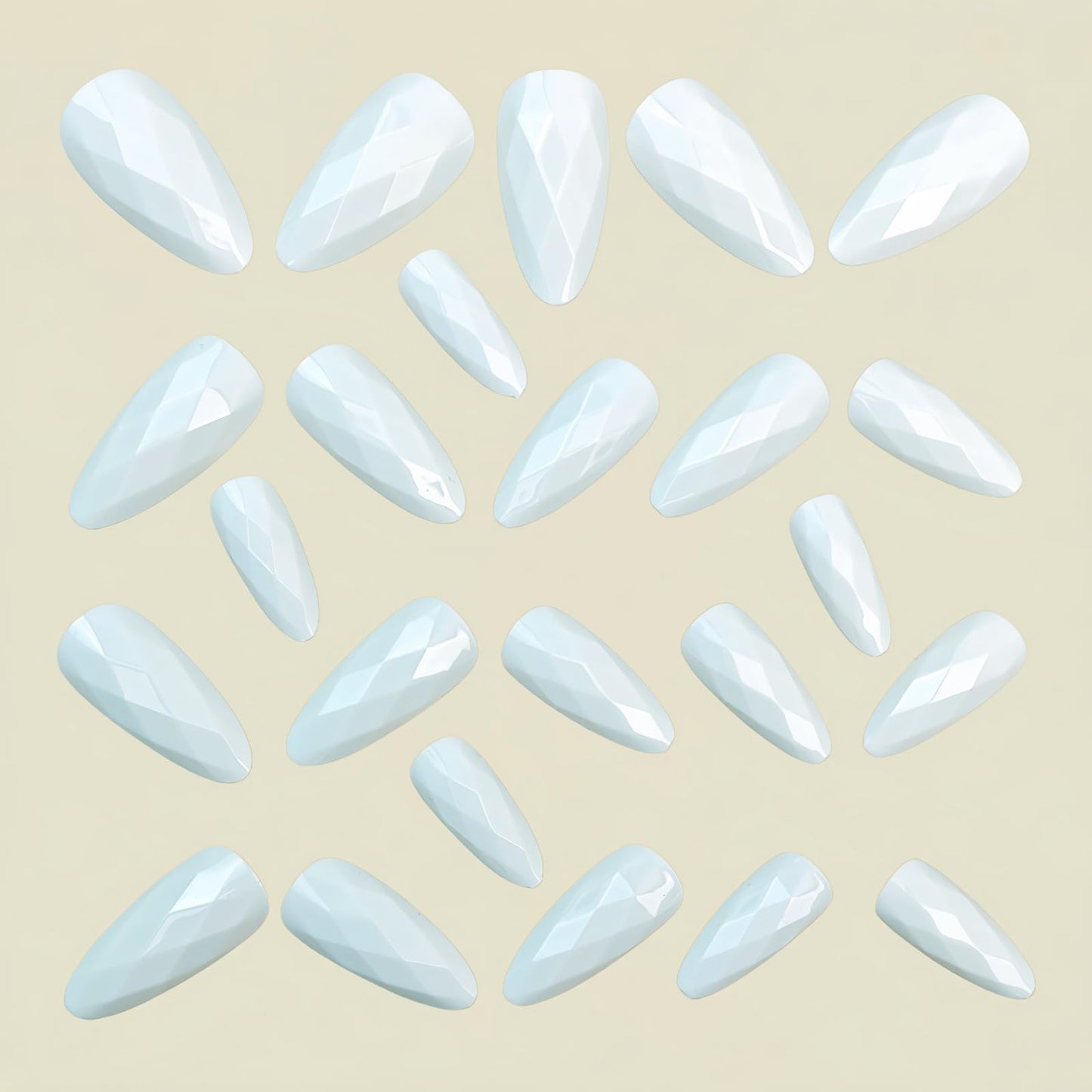 White Rhombus Electroplated Press on Nails Almond Fake Nails Designs 3D Mirrored Metal False Nails Pure White Full Chrome Diamond Grid Cover for Women Girls Daily Wearable Manicure Decoration 24Pcs