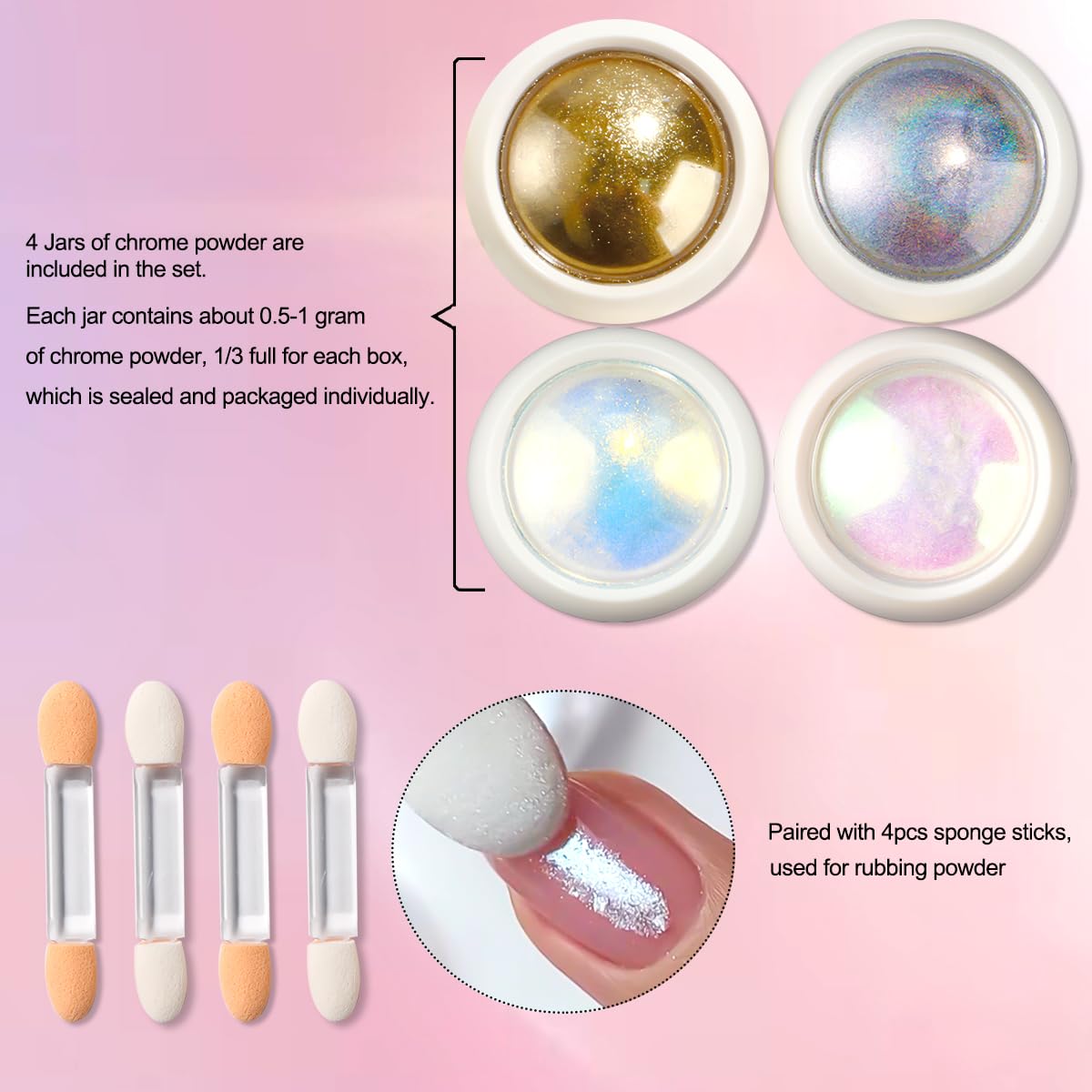 Holographic Mirror Gold Chrome Nail Powder for Gel Nails, Iridescent Aurora Mermaid Pigment Magic White Pearl Glitter Dust Kit for Women Girls DIY Manicure Decoration 4 Boxes