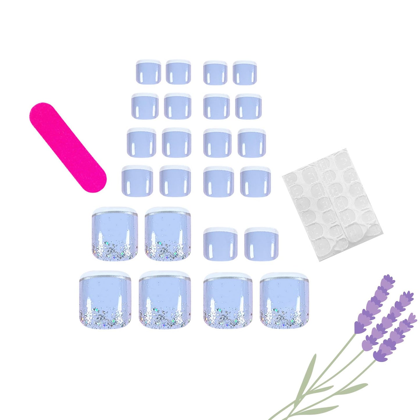 Purple Press on Toenails French Tip Fake Toe Nails Short Square False Toenails with Glitter Designs Summer Glue on Toe Nails Lavender Purple Glossy Acrylic Toenails for Coquette Women