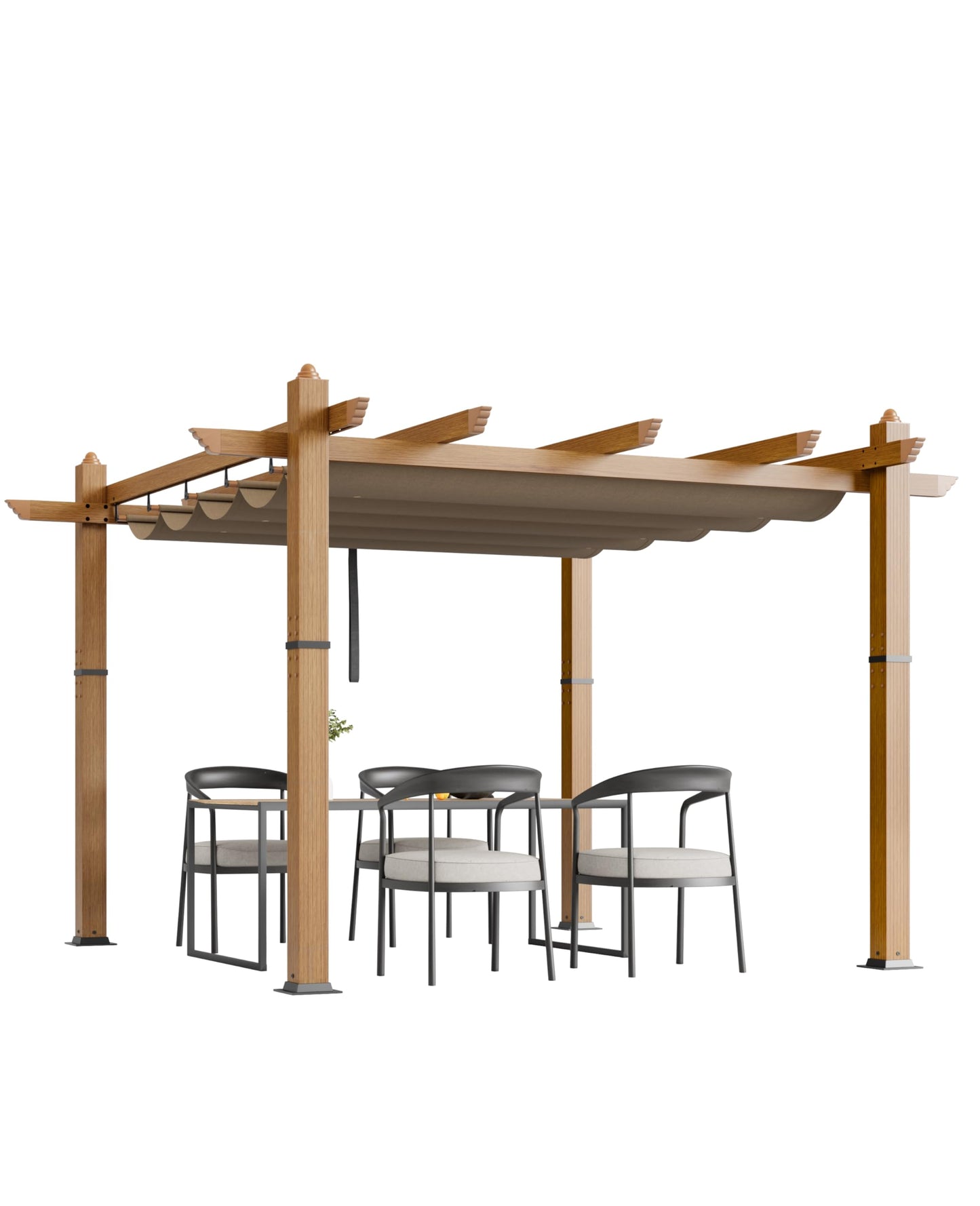Garvee 10x10 ft Outdoor Pergola with Retractable Canopy – Upgraded Aluminum Faux Wood Grain Metal Patio Pergola for Modern Backyard Deck, Porch, Grape Trellis in Khaki