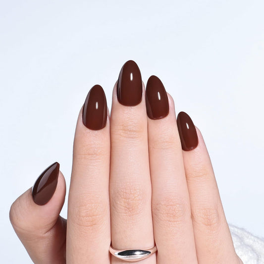 Brown Press On Nails Short Almond - Glossy Reusable Brown Nails Press ons for Women, 32 Pieces in 16 Sizes False Nails Kit with Glue