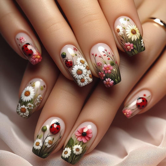 Spring Daisy Oil Painting Press on Nails Medium Ballet Fake Nails Ladybug Flowers False Nails with Nude Daisy Flowers French Design Spring Stick on Nails for Women Girls Manicure Decoration 24 pcs