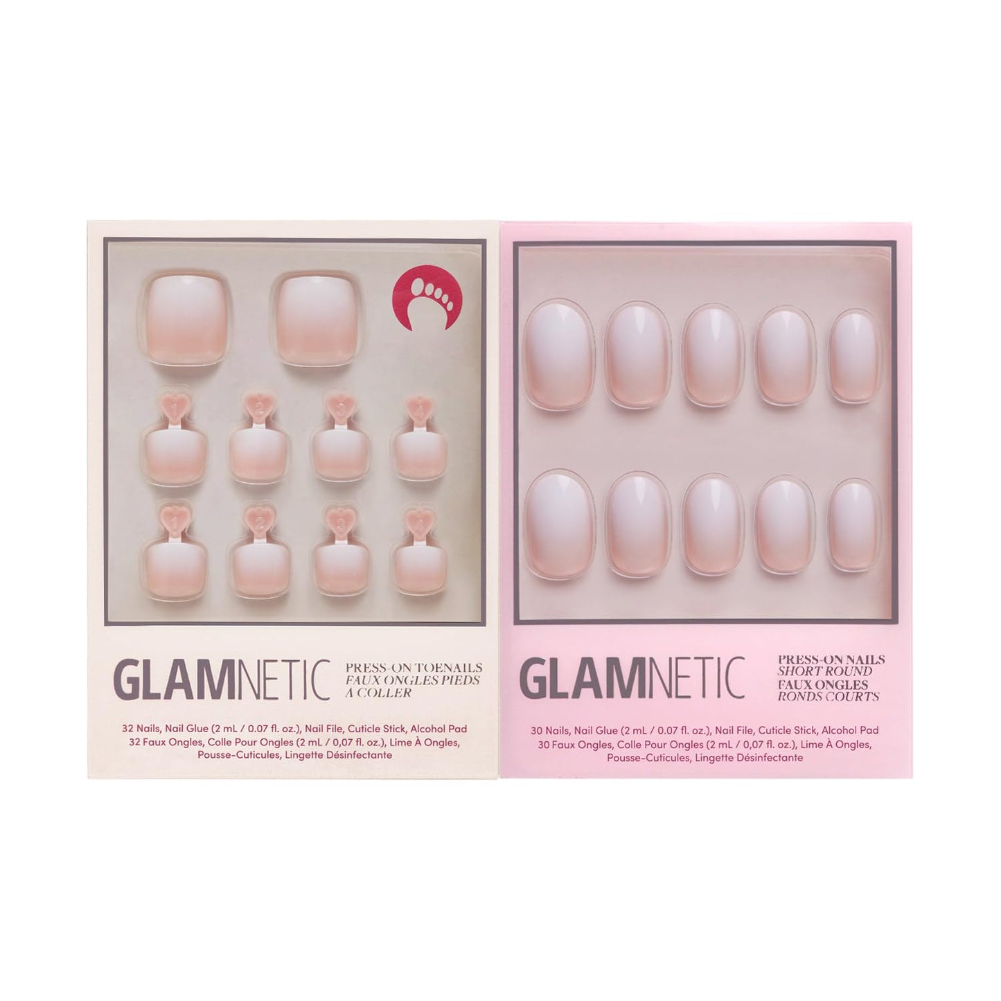 Glamnetic Press On Nails & Toenails - Creamer | Neutral Nude and White Ombre Fake Nails with a Glossy Finish | 15 Sizes - 30 Nail Kit with Glue & 16 Sizes - 32 Toe Nail Kit with Glue