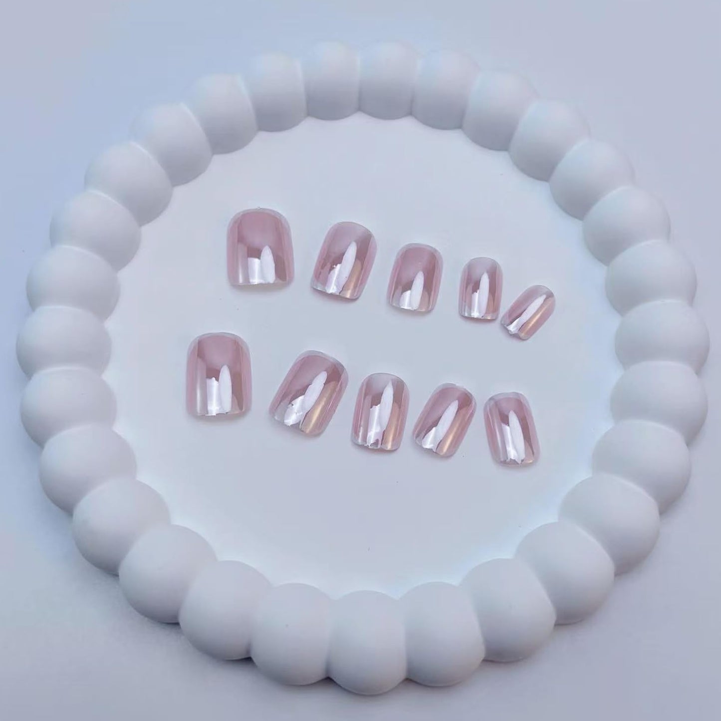 Classic Press on Nails Short Square Fake Nails Nude Light Pink Chrome Design French Tip False Nails Glossy Reusable Acrylic Glue on Nails Full Cover Press ons,Daily wear for Women 24Pcs