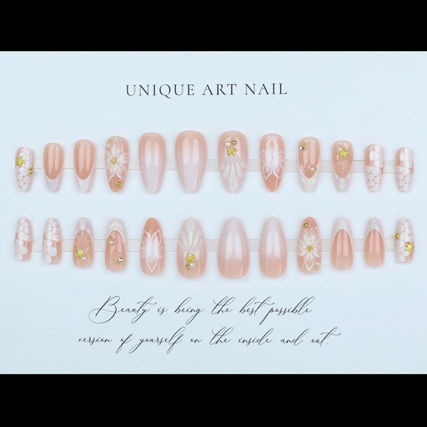 24Pcs Summer Press on Nails Medium Almond White French Tip Fake Nails with 3D Designs Summer Flower False Nails Gold Starfish Rhinestones Stick on Nails 3D Shell French Tips Acrylic Nail for Women