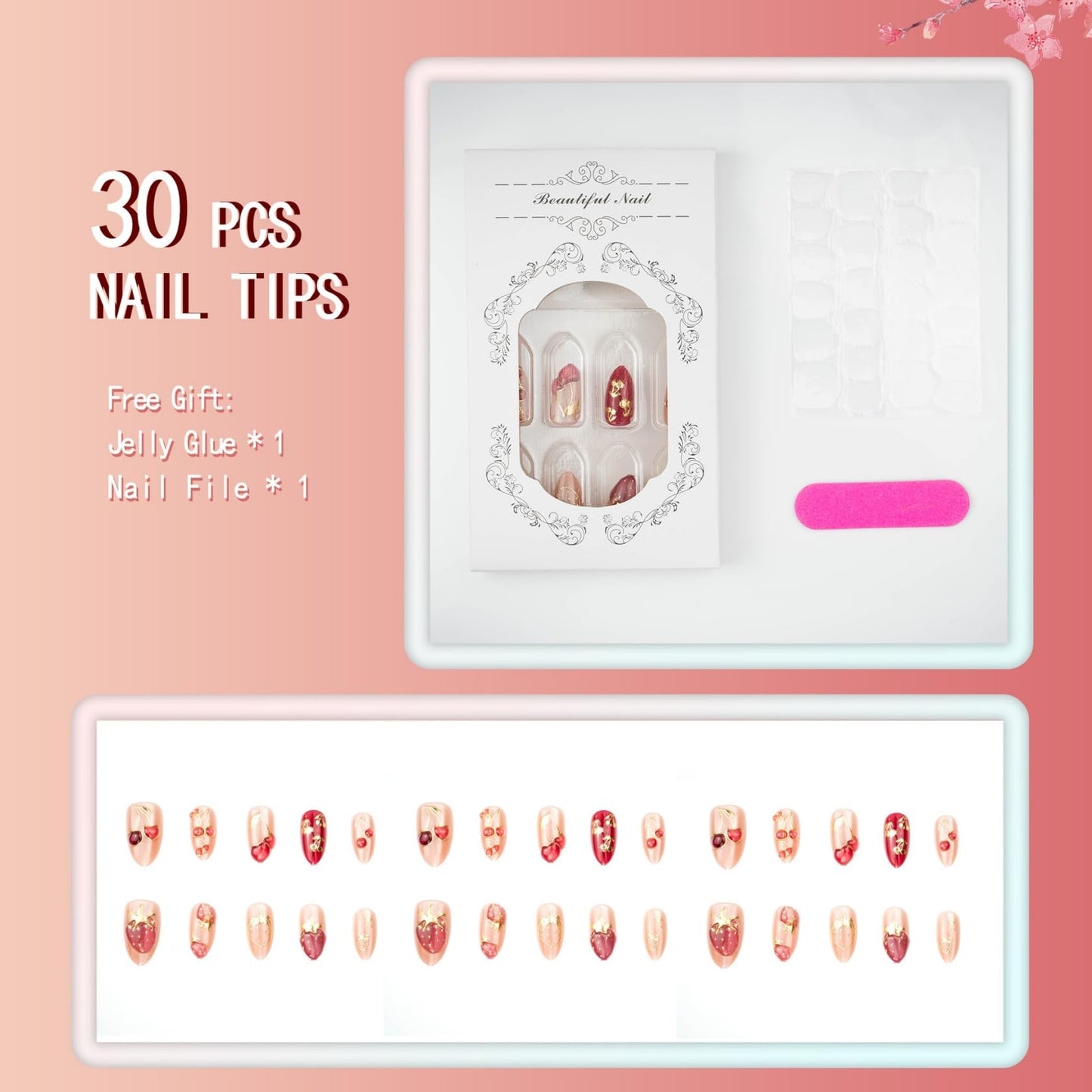 Medium Almond Press on Nails for Women Cherry Strawberry,Fake Nails Artificial Stick on Nail