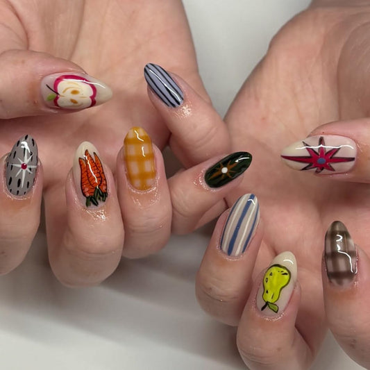 plalely Almond Press on Nails Long Funny Fake NailCute Pear and Carrot Print Acrylic Nail Press ons Funny Stripes Stick on Nails for Women 24pcs