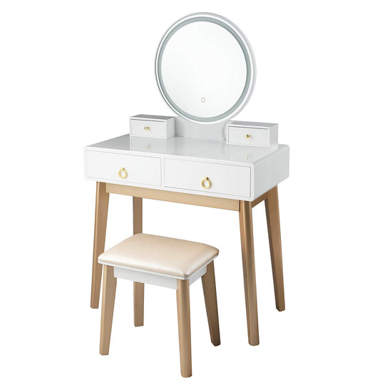 FANTASK Vanity Table Set, LED Lighted Makeup Table w/ 3 Color Round Lighting Mirror Touch Screen 4 Drawers, Makeup Dressing Table w/Cushioned Stool for Bedroom (White)