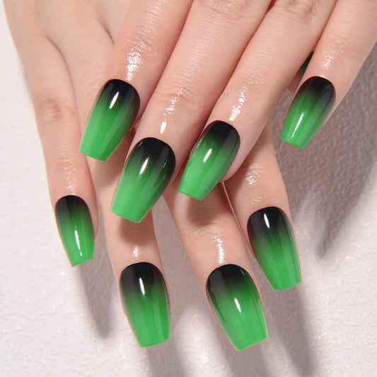 evpct Ombre Green to Black Press on Nails Short Coffin, Short Coffin Glossy Stick on Nail for Women Gift with Manicure Kit, Reusable Soft Gel Stick on Fake Nail with Glitter Designs Perfectly Fit