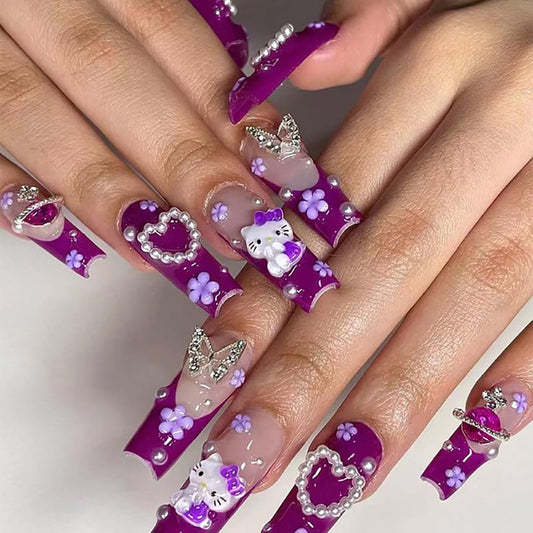 24Pcs Purple Coffin Nails Press on Nails 3D Flowers Pearl Butterfly Nail Charms Design Fake Nails with Glue 3D Flowers Full Cover Purple Acrylic Nails for Women