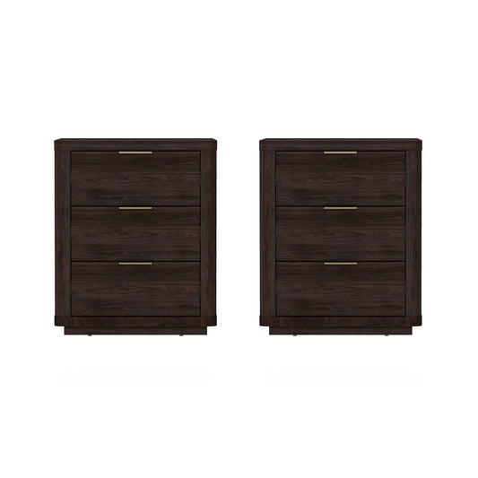 Manhattan Comfort Evelyn Set of 2 Nightstands with Full Extension Drawers, Minimalist Bedside Table with Rounded Corners and Raised Base, Modern Night Stand for Bedroom, or Living Room in Brown