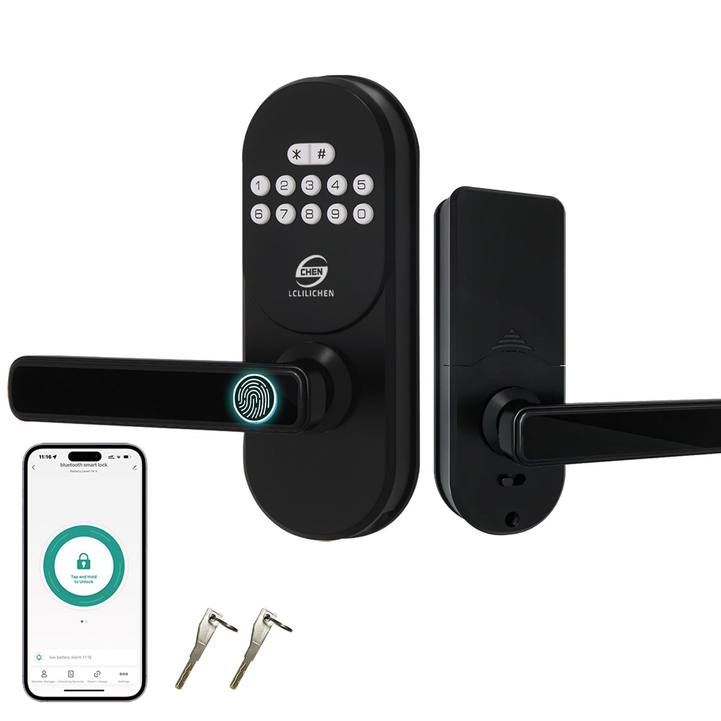 CHEN LCLILICHEN Keyless Entry Door Lock with Handle, Smart Fingerprint Deadbolt, APP Control & Keypad Password Unlock for Front Door, Home, Apartment