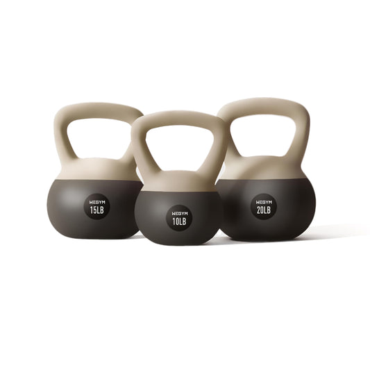 WeGym Soft Kettlebell Set with Cushioned Impact Resistant Base, Anti Slip Wide Grip Handle for Home Workouts, Weightlifting, Full Body Training (10+15+20LB Sandstone-3 PCS)