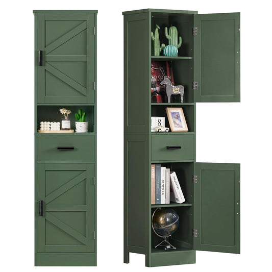TEENFON 67" H Tall Bathroom Storage Cabinet with Barn Doors and Drawer, Narrow Bathroom Cabinet, Narrow Storage Unit, Adjustable Shelves, Floor Cabinets for Living Room, Forest Green UNSNG091V
