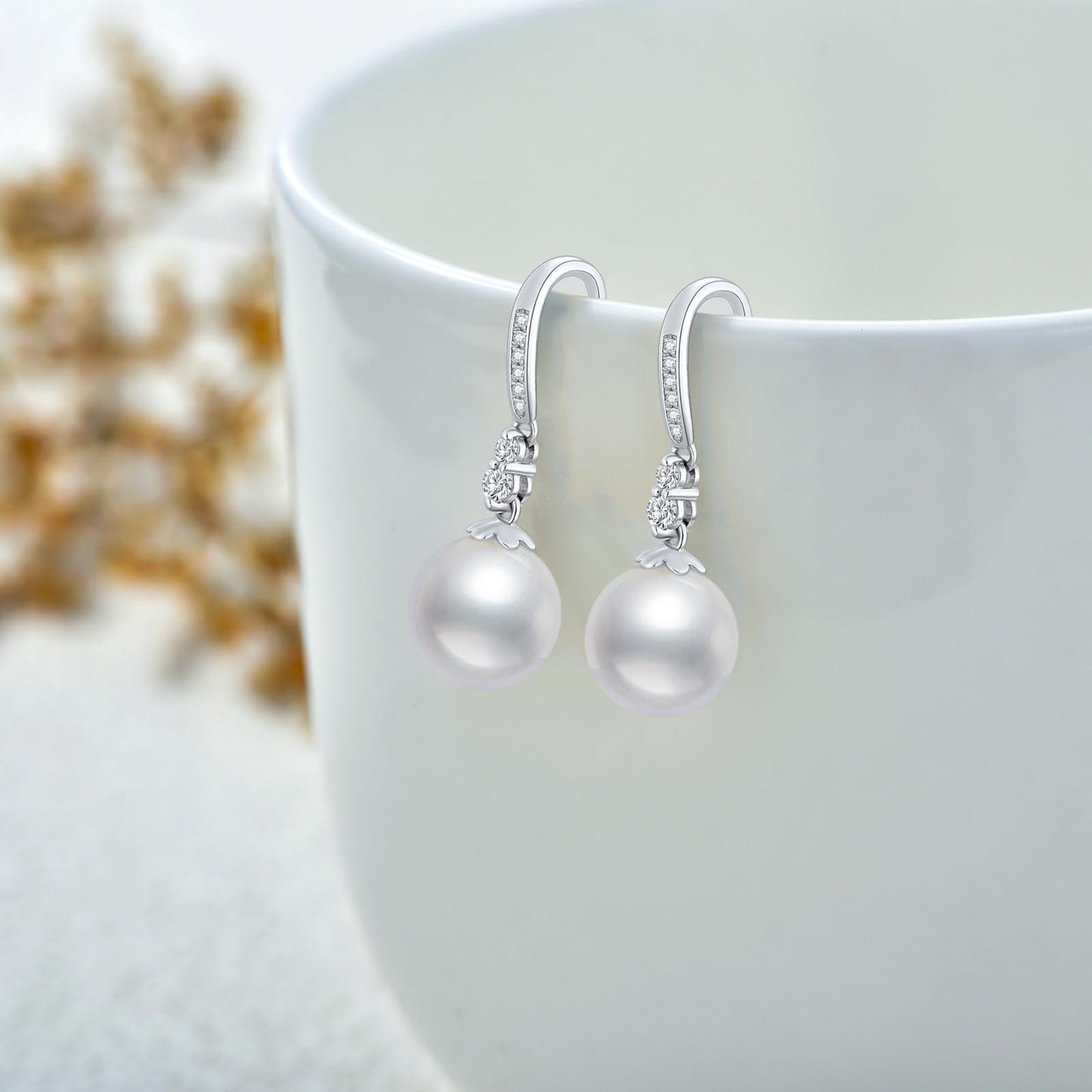 10k White Gold Diamond Pearl Necklace and Earrings Set for Women