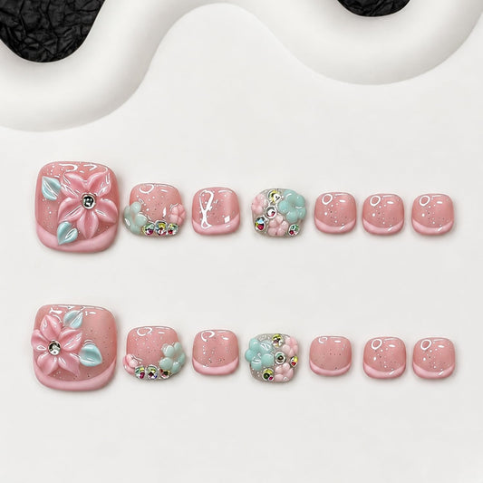 14 Pcs Handmade Luxury Press on Toenails with Handmade 3D Bling Rhinestones & Flower Designs Short Square Stick on Toe Nails Pink French Tip Fake Toe Nails for Women Manicure Decor (S)