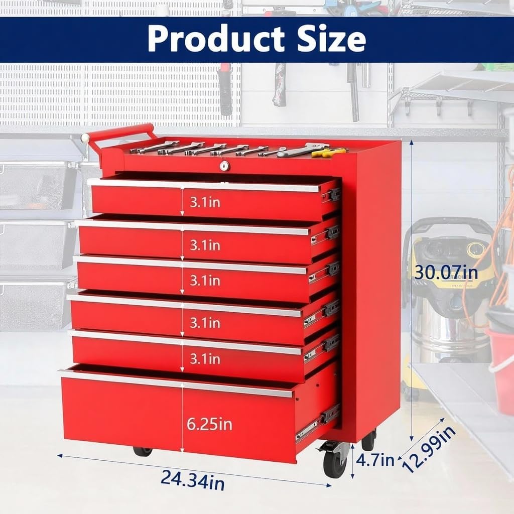 GarveeTech 6-Drawer Tool Chest, Rolling Tool Box with Wheels and Lock System, Portable Storage Rolling Tool Chest for Warehouse, Workshop & Repair Shop, Red