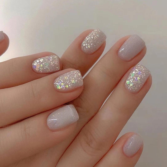 YoYoee Solid Color Nails Tips Short Square False Nails Bling Press on Nails Full Cover Nude Cute Fake Nails for Women and Girls 24PCS