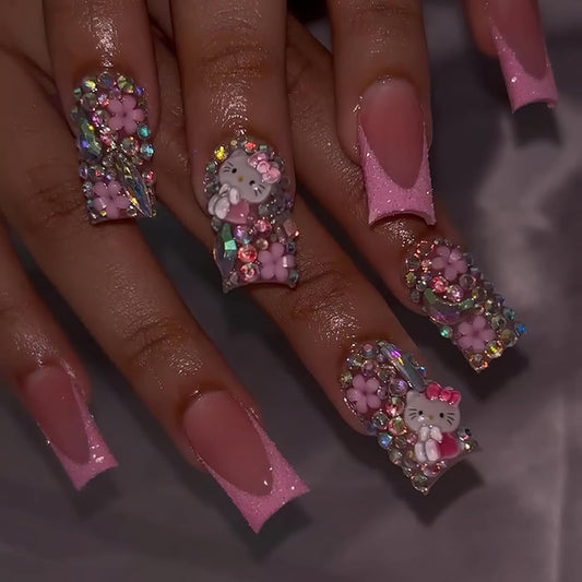 24Pcs Glitter Pink French Tip Press on Nails Medium Length Square Fake Nails with 3D Rhinestones Flower Cute Cat Full Cover Coffin False Nail with Charms Designs Acrylic Nail for Women