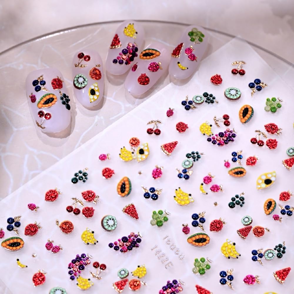 Fruits Nail Stickers Colorful Summer Nail Decals Cartoon Watermelon Banana Nail Designs Cute Jelly Gold Nails Supplies 5D Embossed Self Adhesive Red Yellow Sticker Decals for Women DIY Manicure 1Sheet