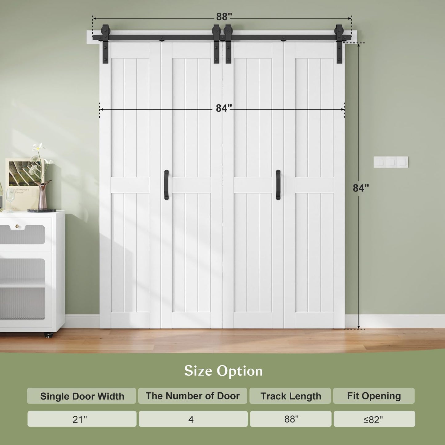 Finosen Bifold Barn Door 84 x 84 in (Four 21x84 Inch),Bi-fold Sliding Closet Doors with Hardware Track kit Included 6.6ft Rail for 4 Doors and Track Connector,DIY Assembly,Save Space.