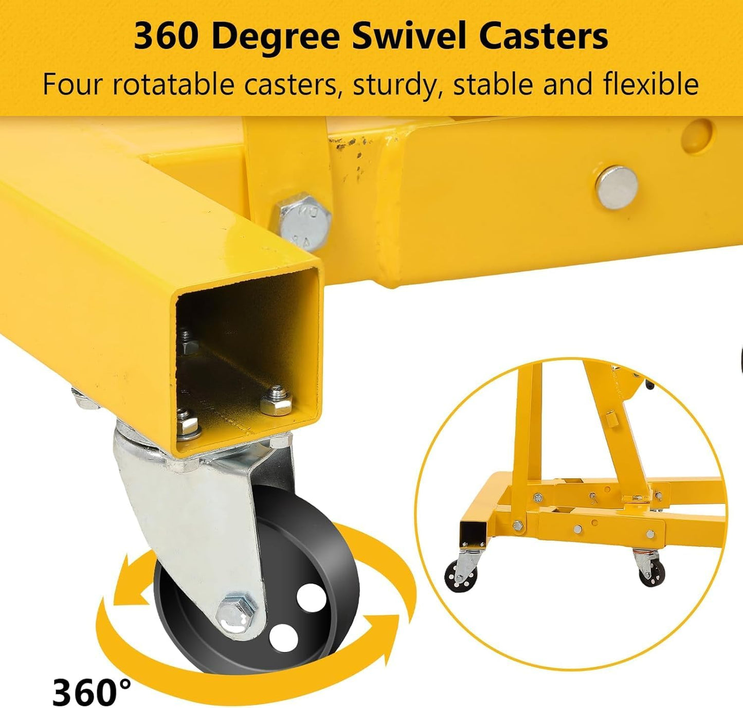 2 Ton Hydraulic Engine Hoist, 4400LBS Heavy Duty Cherry Picker Engine Hoist Lift with 6 Casters, Folding Crane Lifter with Telescopic Boom, for Workshop, Warehouse, Yellow