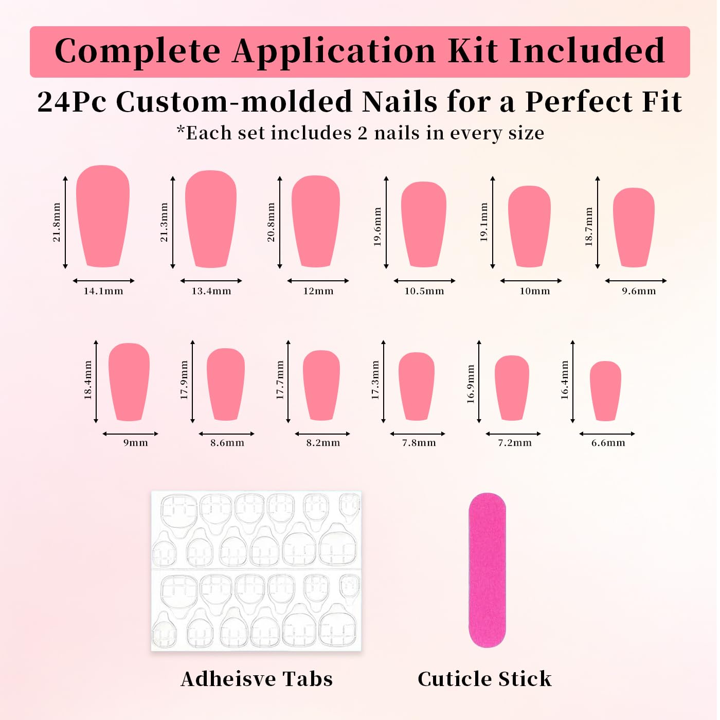 Goolich Pink Ombre Press On Nails Medium Coffin, Pink with Glitter Nails Press ons Set with Adhesive Tabs, 24 Pcs 12 Size Reusable Full Cover Glue on Nails for Women