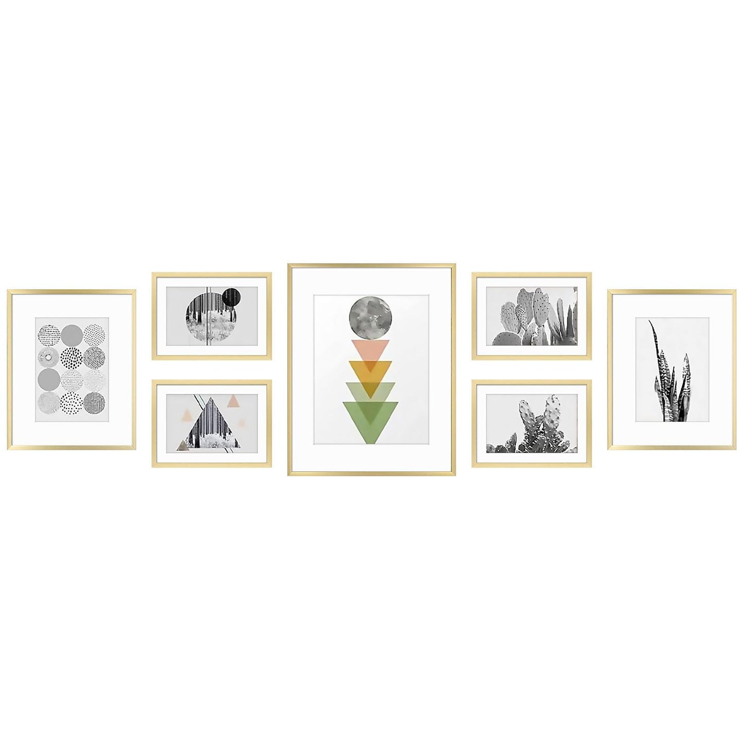 Golden State Art, Aluminum Gallery Wall Frame Set of 7 - Includes One 11x14, Two 8x10, and Four 5x7 - Metal Frames with Mat & Real Glass Cover for Elegant Home or Office Decor (Style 2, Gold)