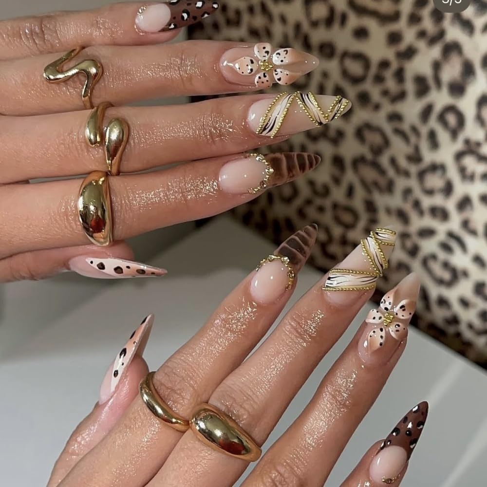 Leopard Prints French Tips Press on Nails Medium Almond Nails Press on with 5D Flower Charm Design Glossy Brown Glue on Nail Rhinestone Lines Fake Nails Fall Winter Nail for Women Manicure 24Pcs