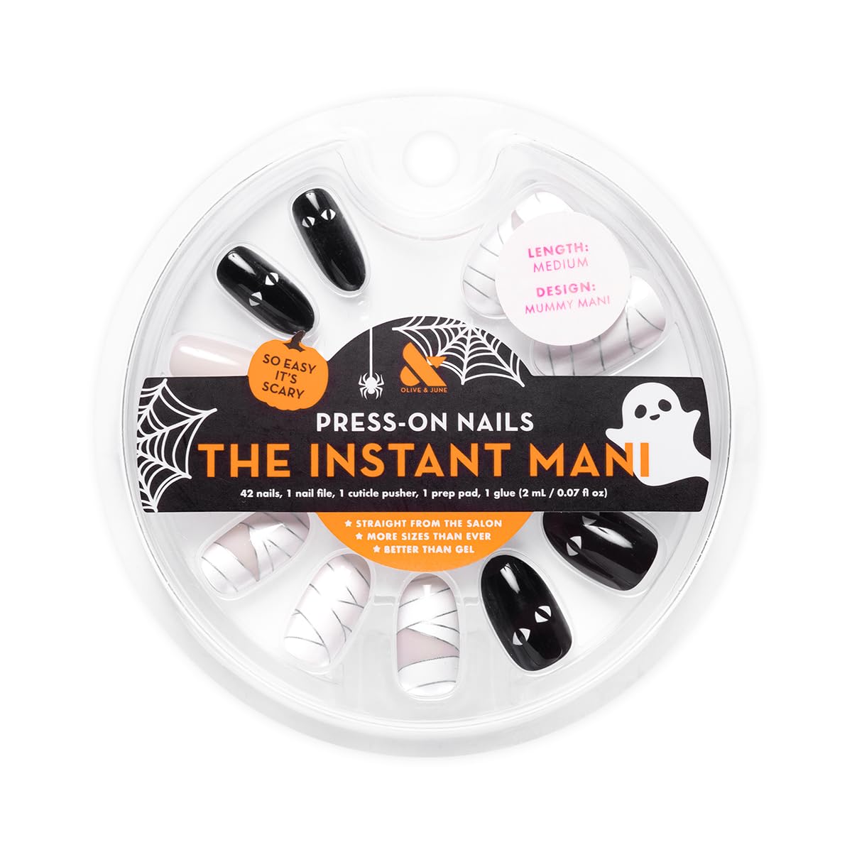 Olive & June Instant Mani Press-On Nails | Glue | Medium Oval | 42 Pieces, 21 Sizes | Non-Toxic, Long-Lasting Recycled Materials Realistic Look | Salon-Quality at Home | Halloween Mummy Mani