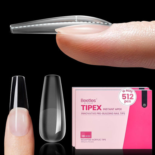 Beetles Tipex Instant Apex Nail Tips Coffin Long 16 Sizes 512 Pcs Pre-Etched Pre-Building Strong Thick Acrylic Tips