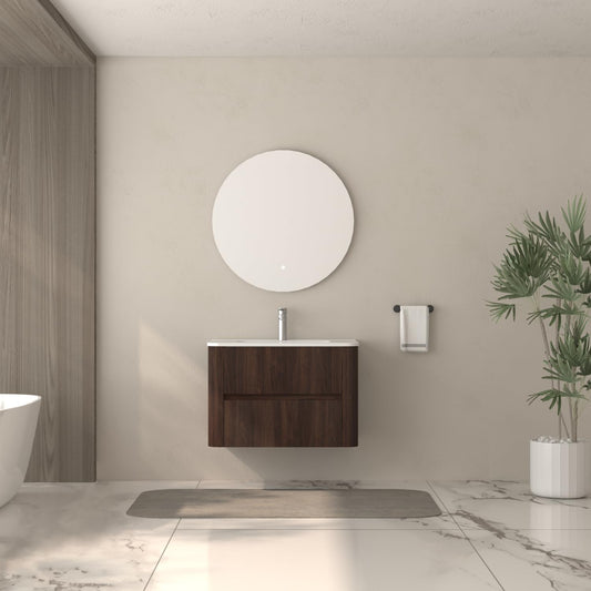 GDFStudio 30" Wall Mounted Bathroom Vanity with Sink,Floating MDF Cabinet with Soft-Close Double Drawers,Vanity with White Ceramic Integrated Basin, Modern Space-Saving Bathroom Storage,Dark Walnut