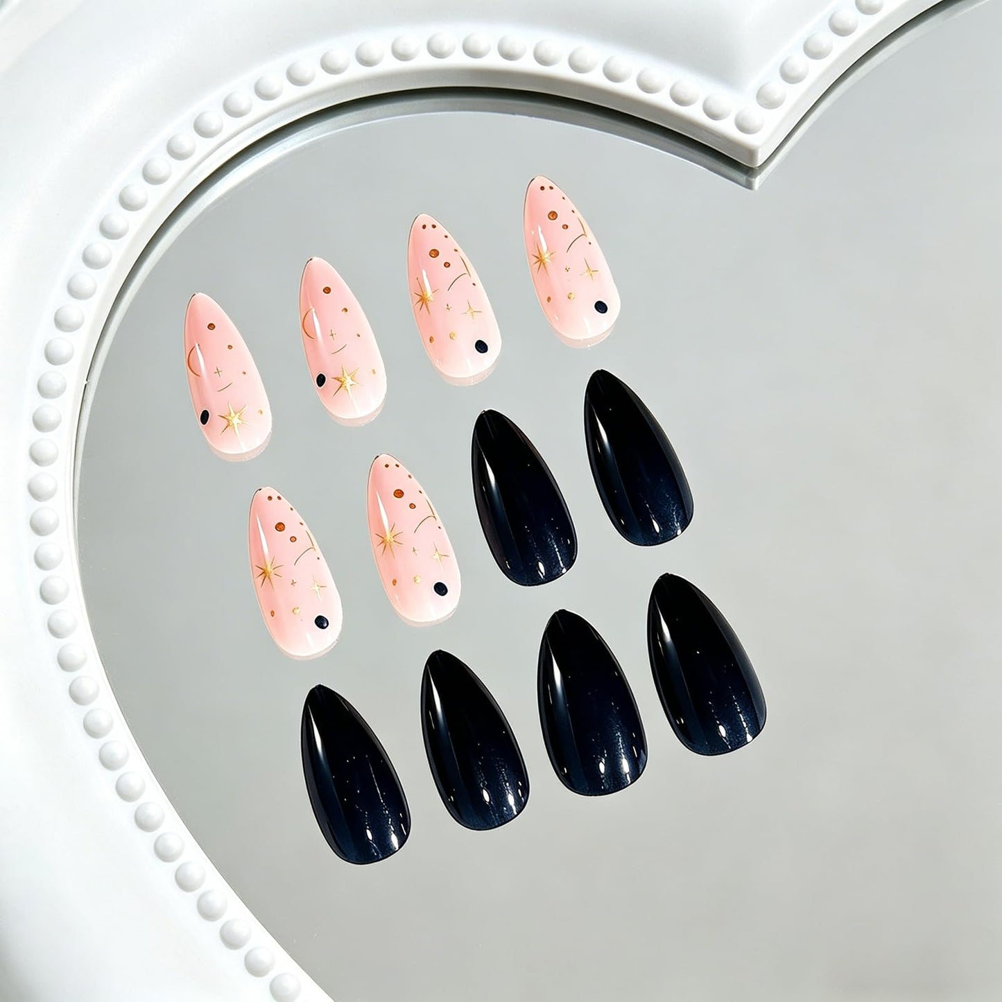 24Pcs Dark Blue Press on Nails Medium Almond, Gold Star and Moon Designs, Glossy Full Cover Fake Nails, Reusable Glue on Nails with Acrylic Effect,Nude Nails Press ons for Women